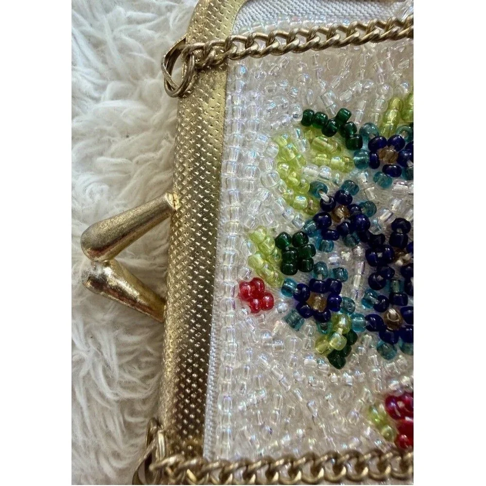 Vintage Floral Hand Beaded Fringe Chain Strap Tiny Seed Evening Purse Flapper